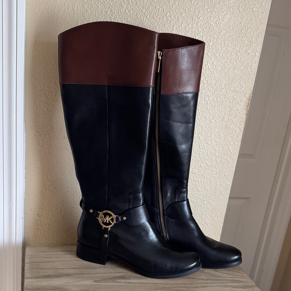 Michael Kors Black and Brown Fulton harness boot
